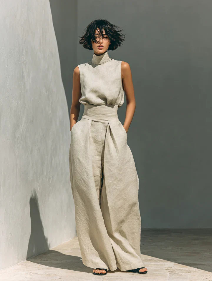 FLOR | MINIMALISTISCHES DAMEN-ZWEITEILER-SET MIT ÄRMELLOSER BLUSE UND WEIT GESCHNITTENER HOSE