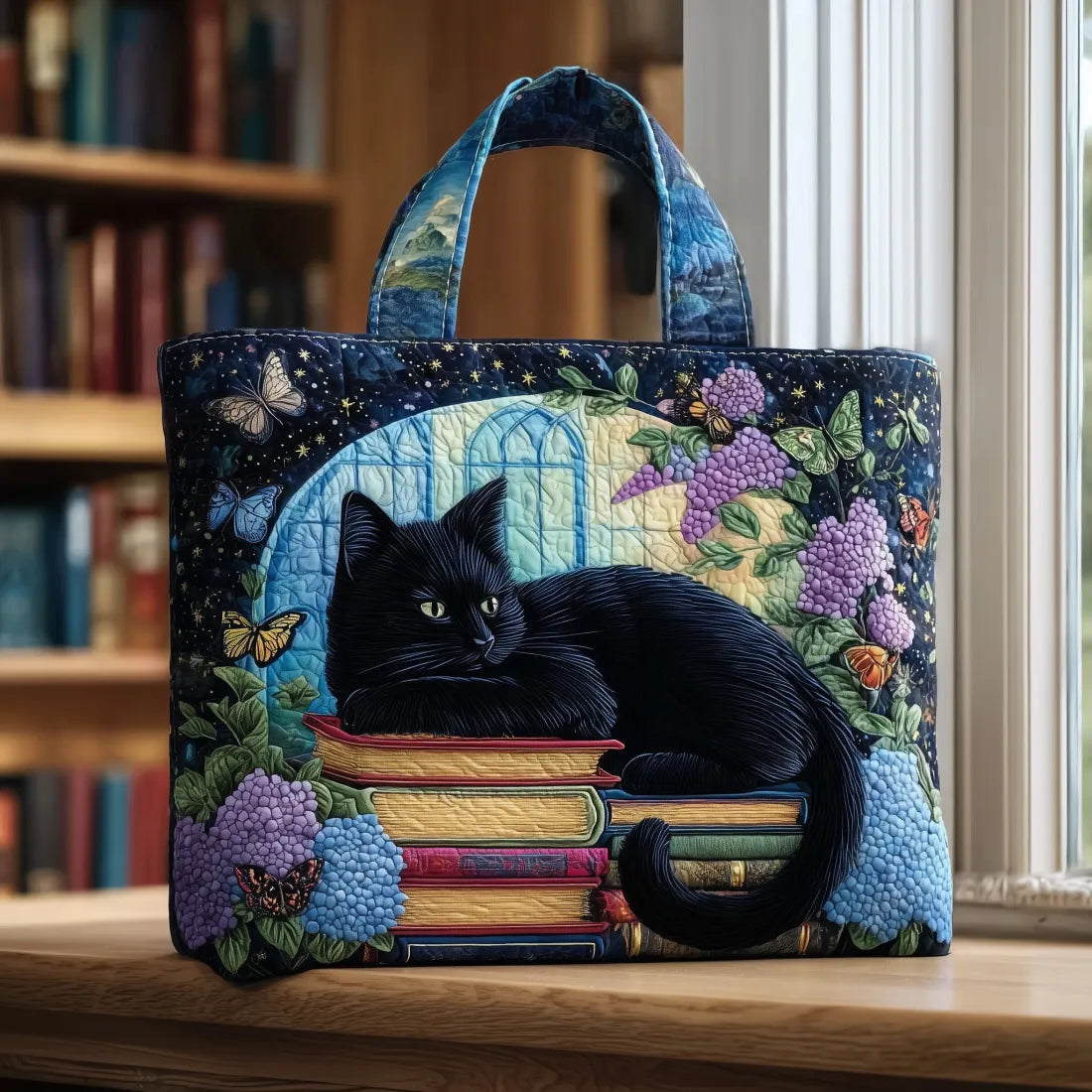 CHARLOTTE | HANDGEFERTIGTE TASCHE MIT SCHWARZER KATZE AUF BÜCHERN