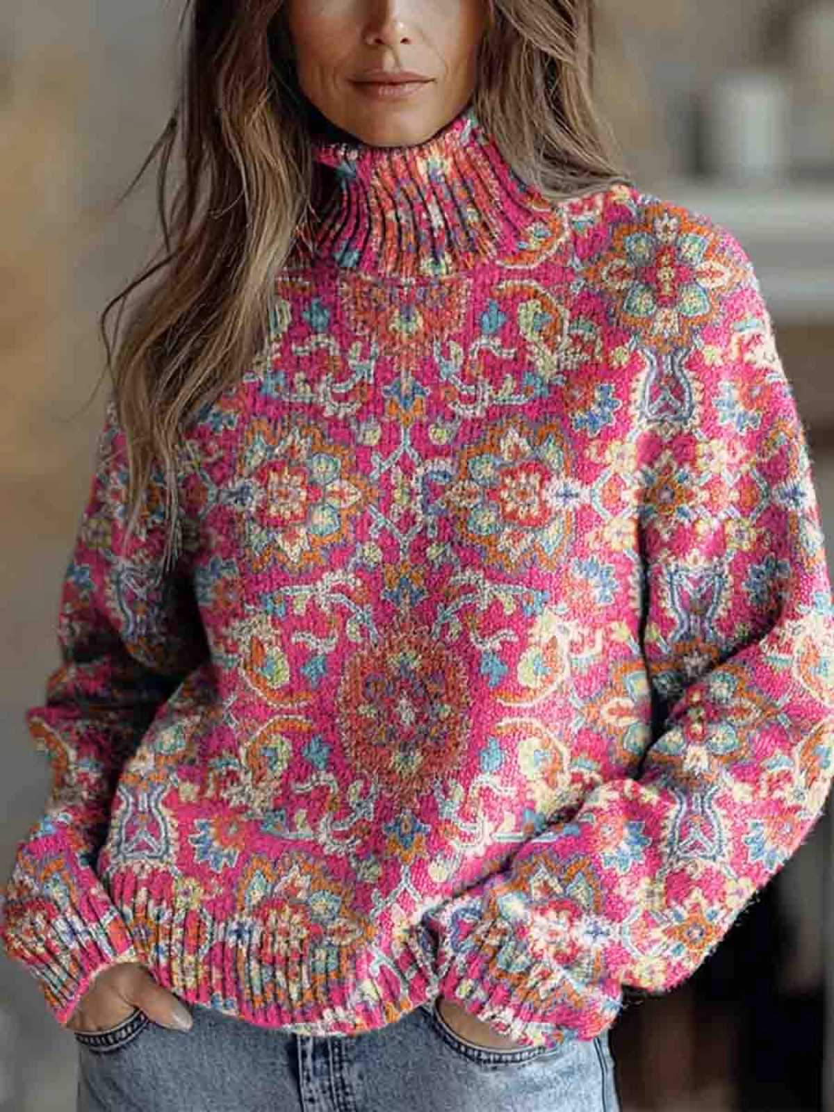 ANNABELLE | RETRO ETHNISCHER BLUMEN-ROLLKRAGENPULLOVER