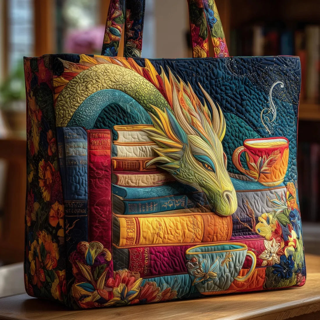 FREYA | HANDGEFERTIGTE DRACHEN-SCHULTERTASCHE MIT BÜCHERN UND TASSEN