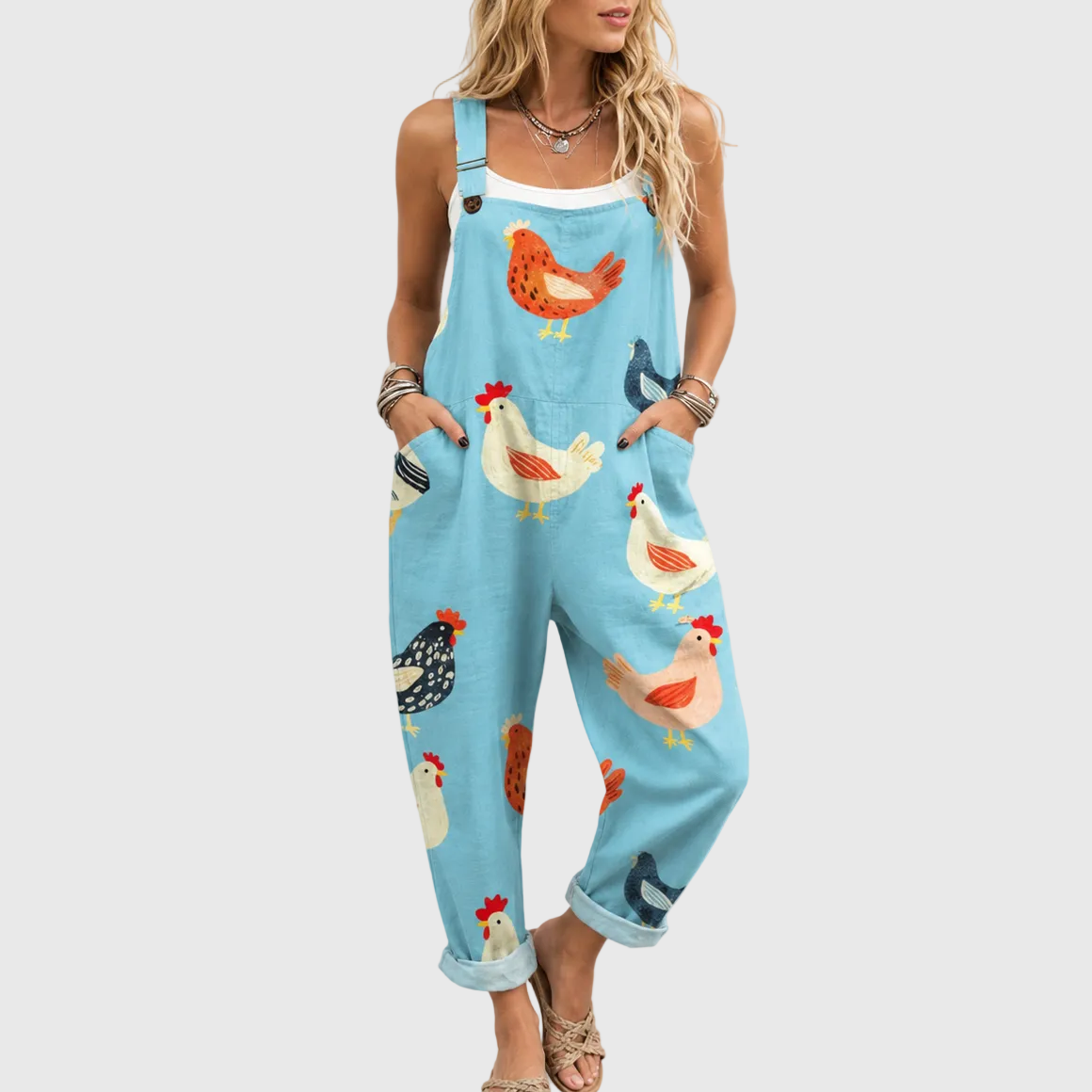 LÄSSIGER BLAUER JUMPSUIT MIT HÜHNER-PRINT