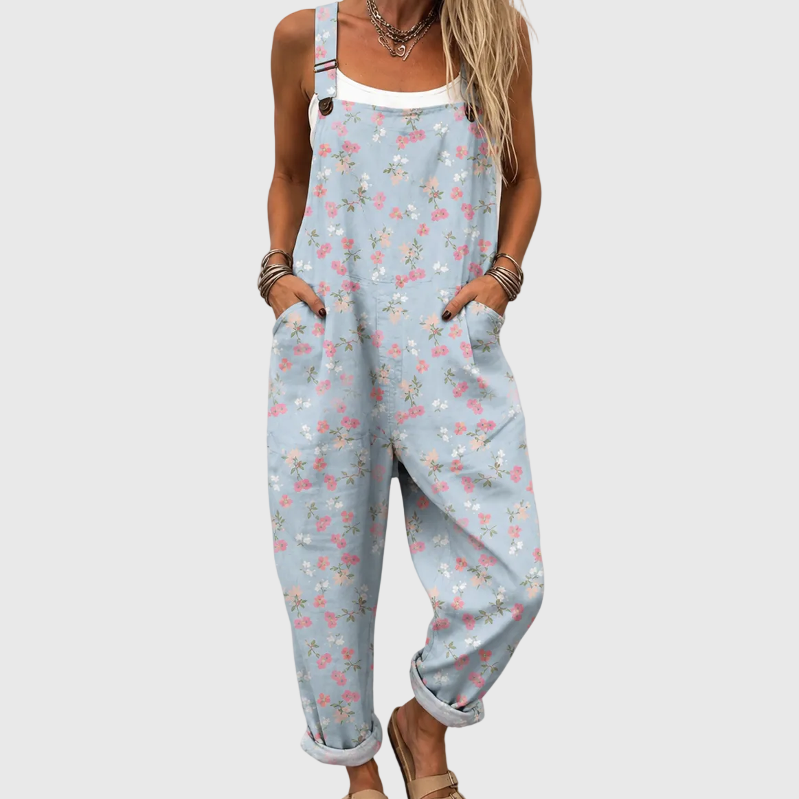 HELLBLAUER JUMPSUIT MIT BLUMENMUSTER