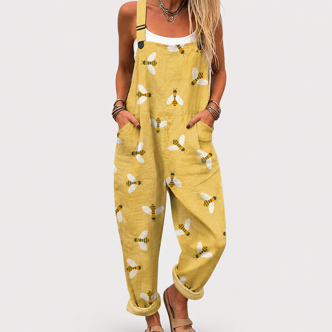 HELLGELBER JUMPSUIT MIT BIENENMUSTER