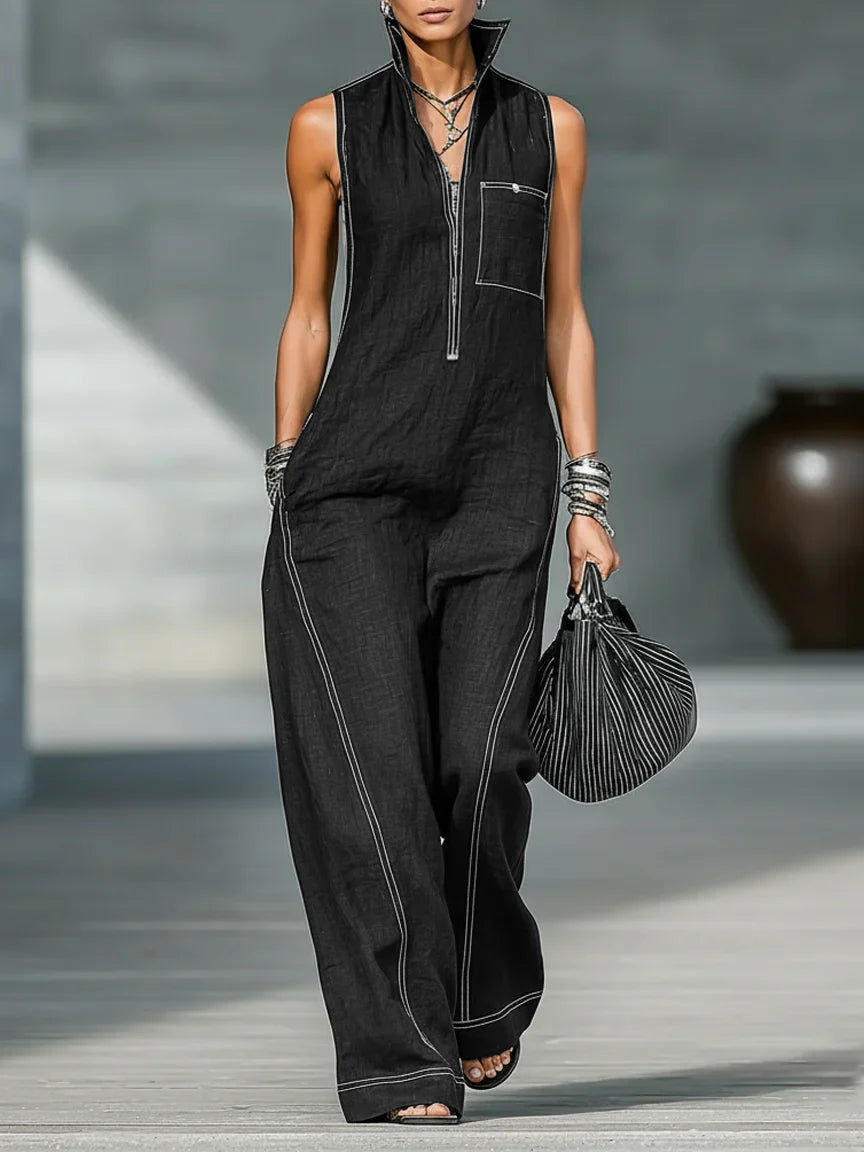 ELEANOR | ÄRMELLOSER JUMPSUIT MIT WEISSEM BESATZ