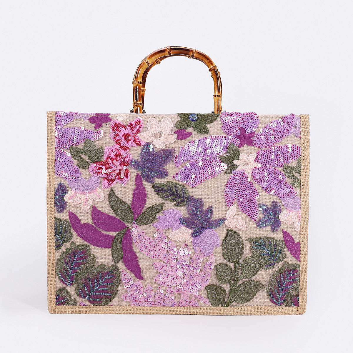 LILACGARDEN | FLIEDERFARBENE TASCHE MIT BLUMENPAILLETTEN UND BAMBUSGRIFF