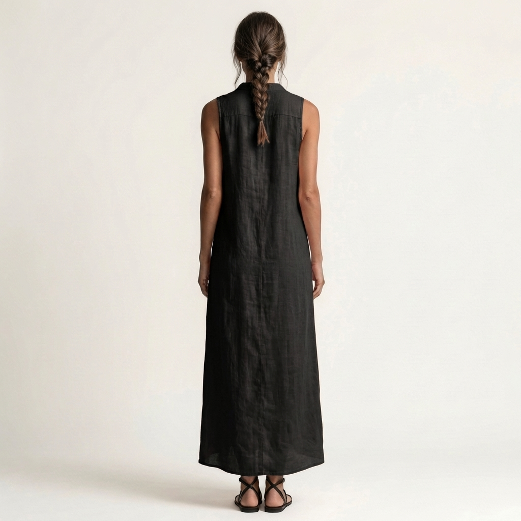 VALENTINA | ÄRMELLOSES MAXIKLEID MIT KAPUZE UND DURCHGEHENDER KNOPFLEISTE