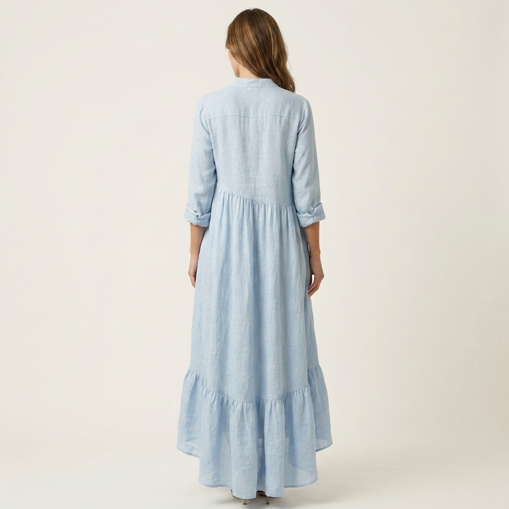 ADRIANNA | MAXIKLEID MIT STEHKRAGEN, KNOPFLEISTE UND RÜSCHENSAUM