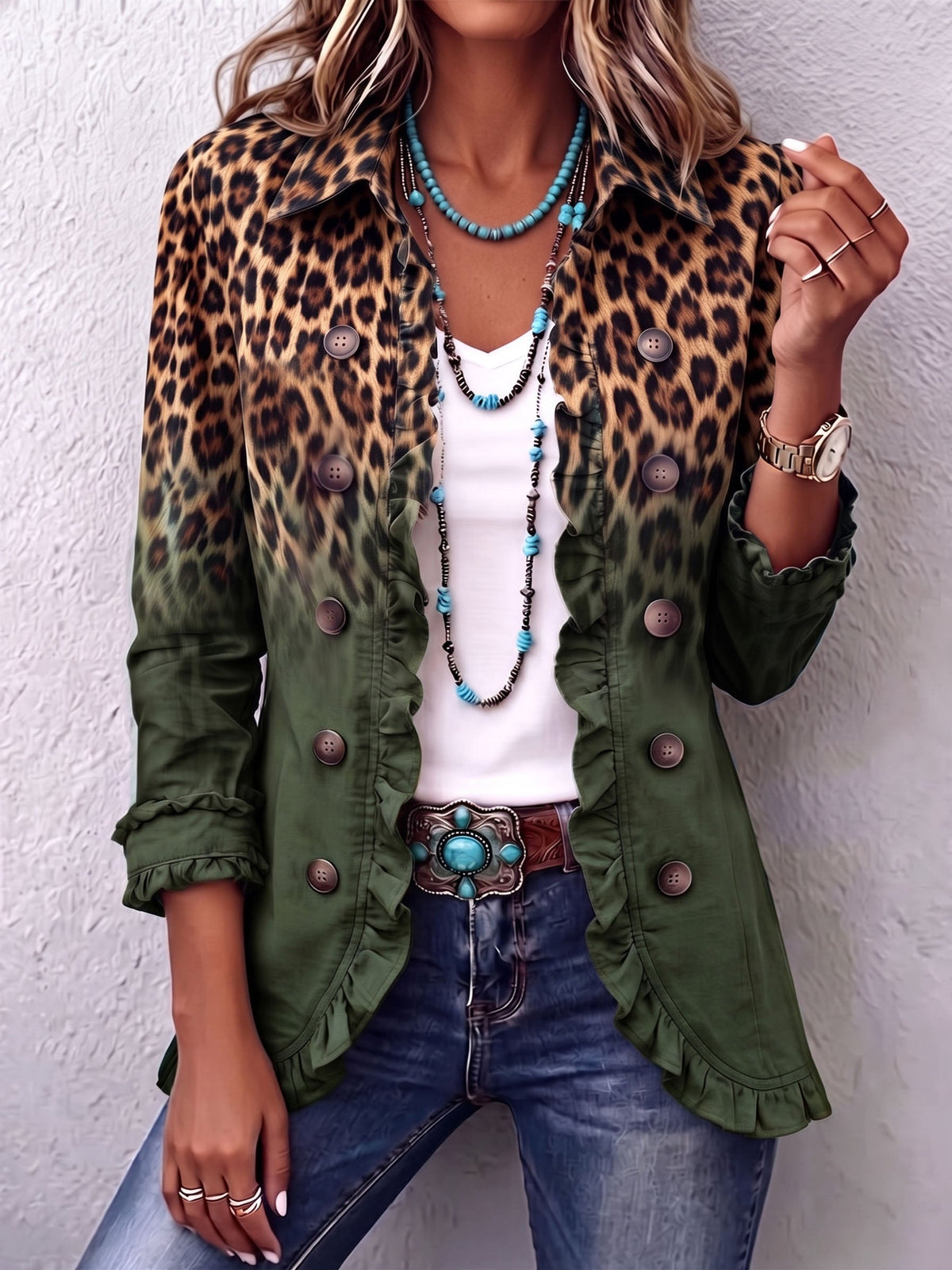ELSPETH | LEOPARDEN-OMBRE-BLAZER MIT RÜSCHEN