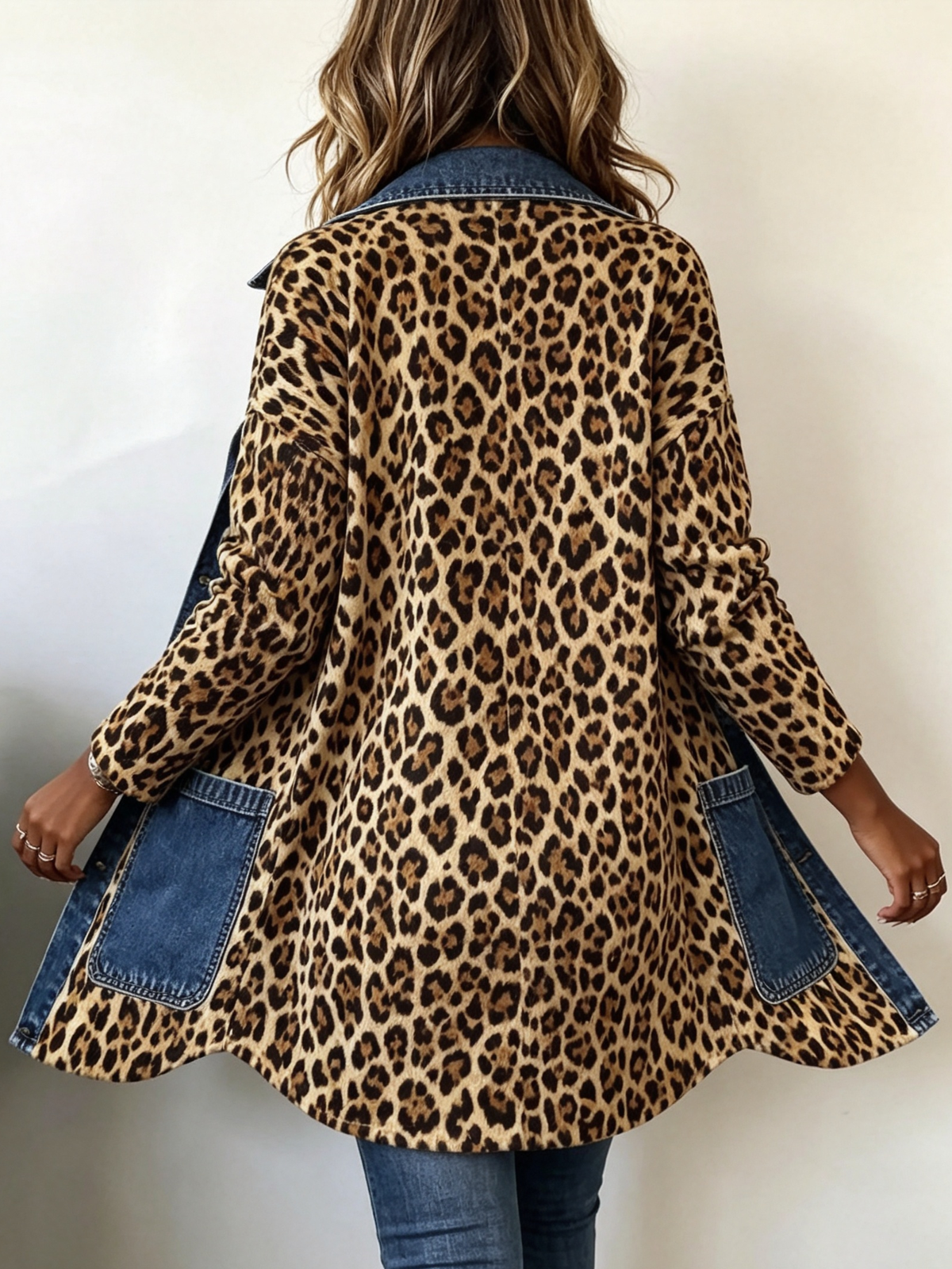 FABLENNE | LANGER JACKET MIT DENIM-EINSATZ IM LEOPARDEN-MUSTER