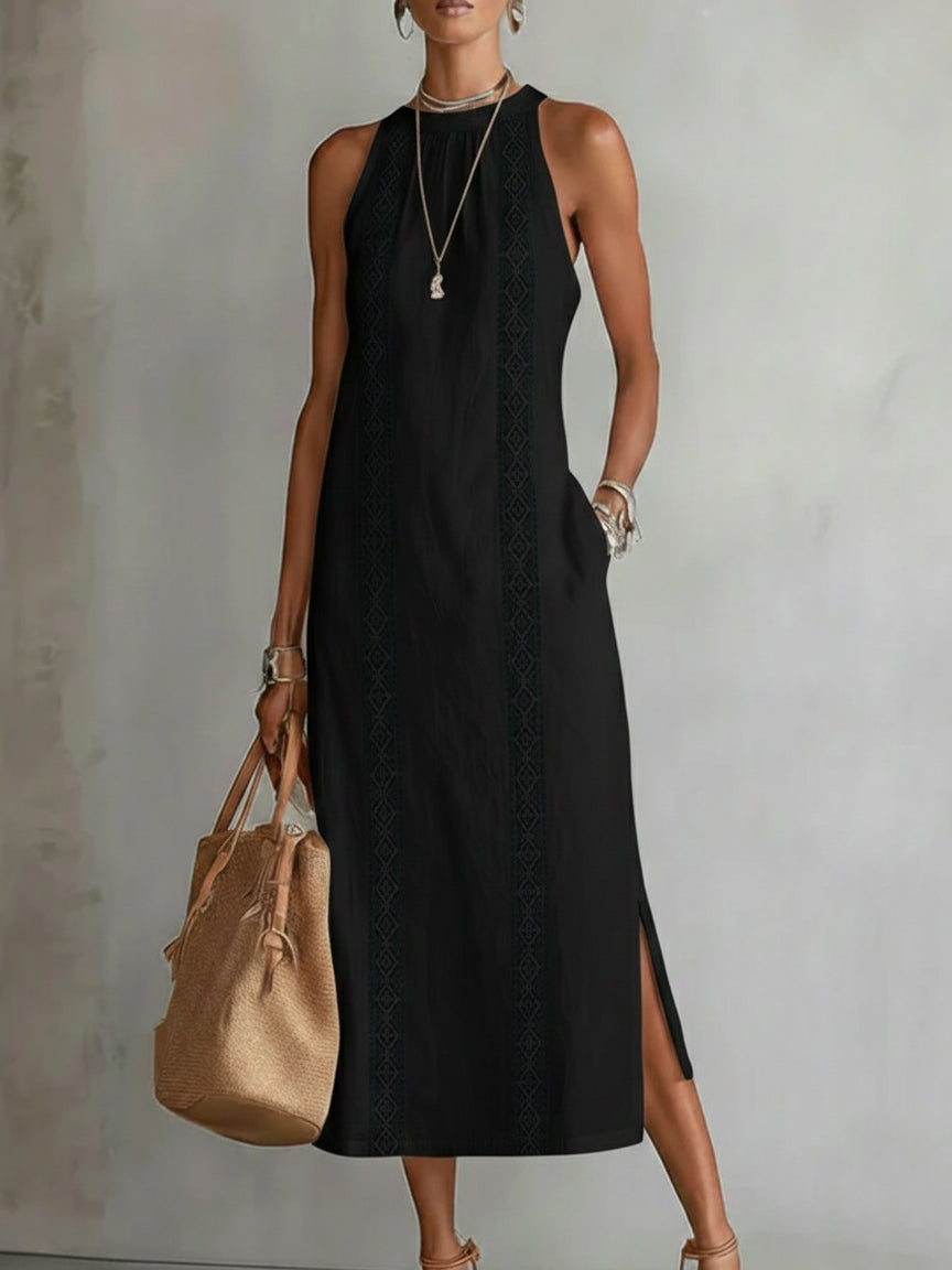 TERESA | LÄSSIGES MIDI-KLEID MIT BESTICKTEM STEHKRAGEN