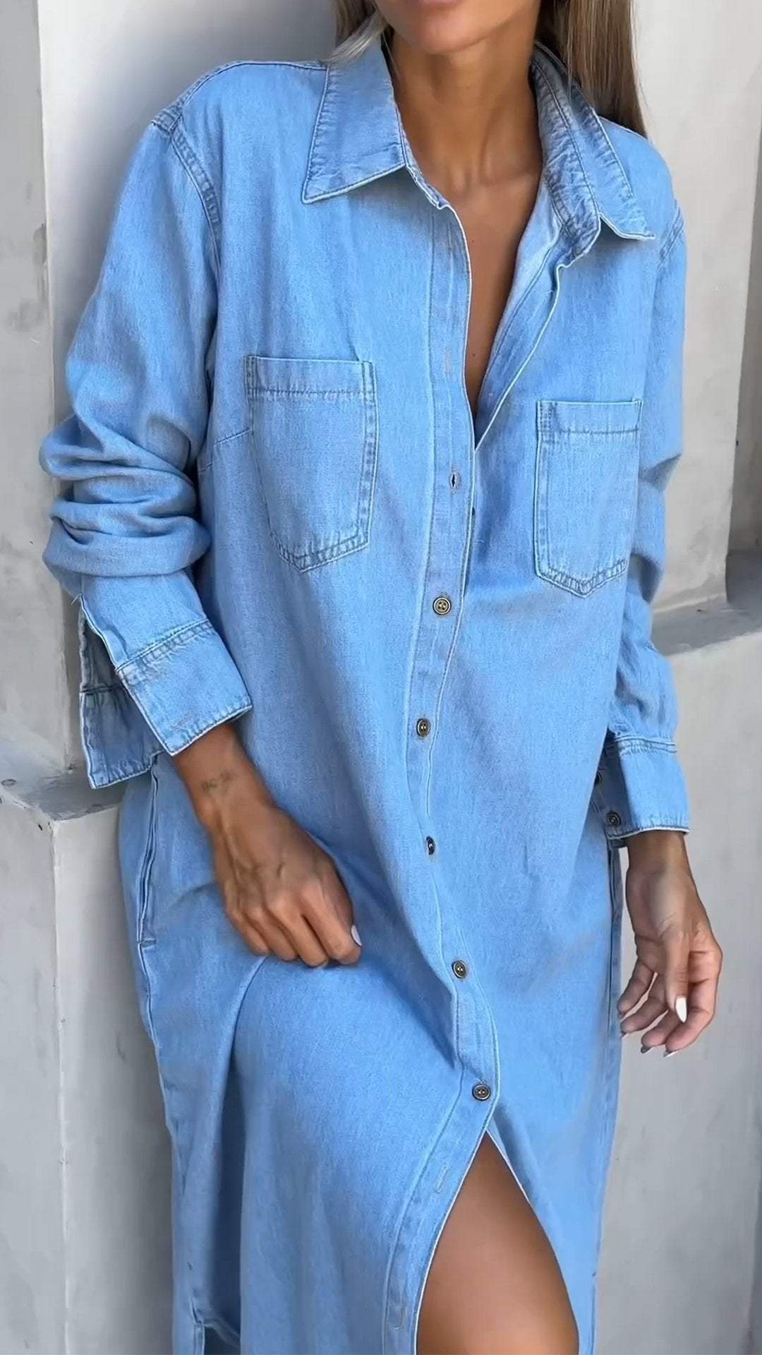 DINAH | LANGÄRMELIGES JEANSKLEID MIT REVERSKRAGEN