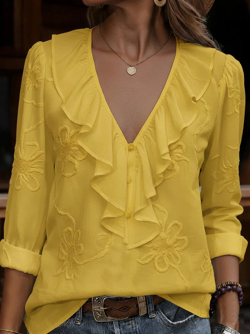 CELESTINE | VINTAGE-BLUSE MIT BLUMENMUSTER, RÜSCHEN UND V-AUSSCHNITT