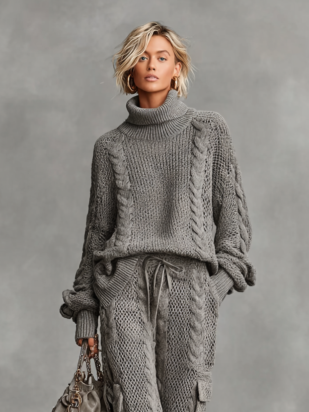 SOPHIE | ZWEITEILIGES SET AUS KABELSTRICK-ROLLKRAGENPULLOVER UND CARGO-HOSE IM CASUAL-LOOK
