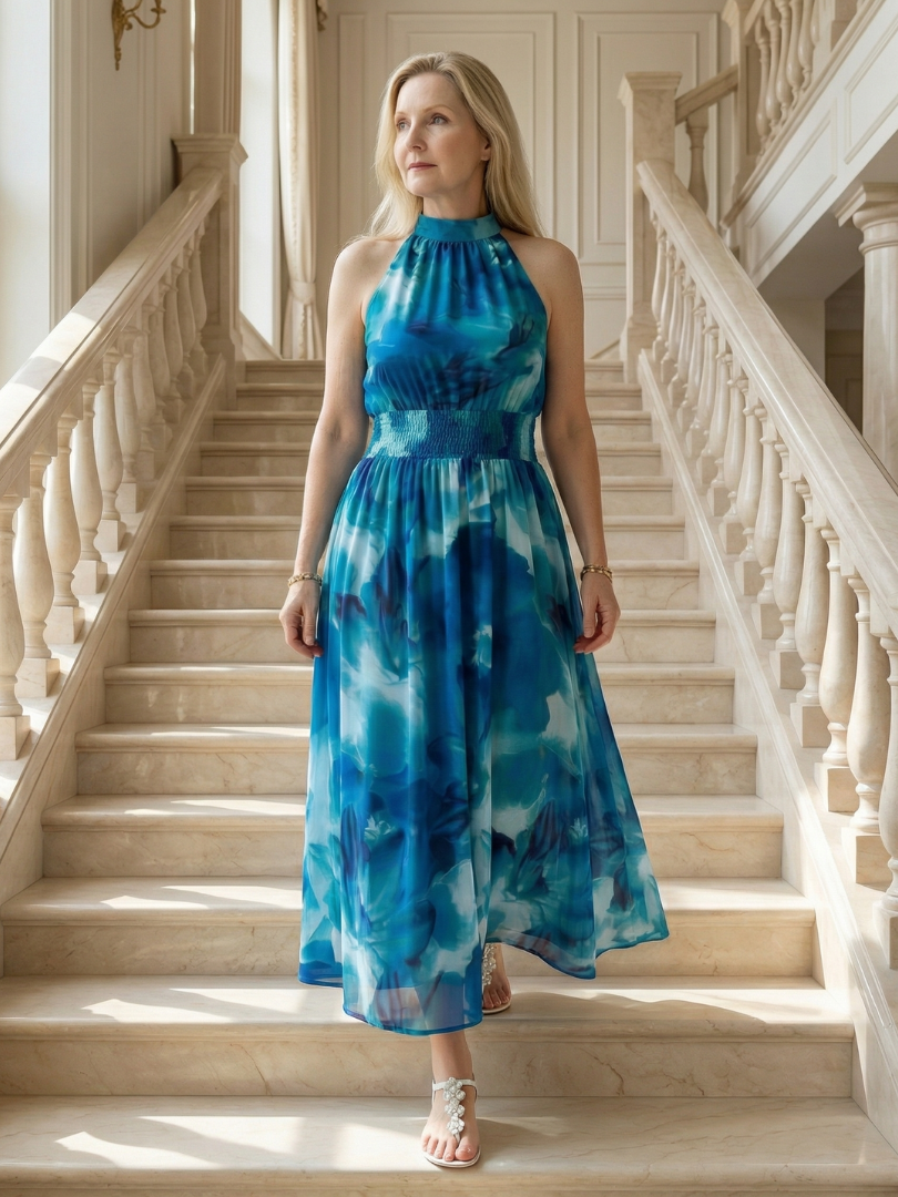 SYLIN | MIDI-KLEID MIT HALTERNECK-AUSSCHNITT UND RAFFUNG
