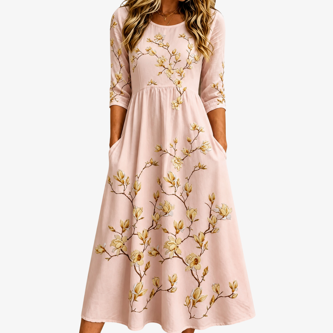 AMELIA | GOLDEN MAGNOLIA BLOOM POCKET MIDI-KLEID