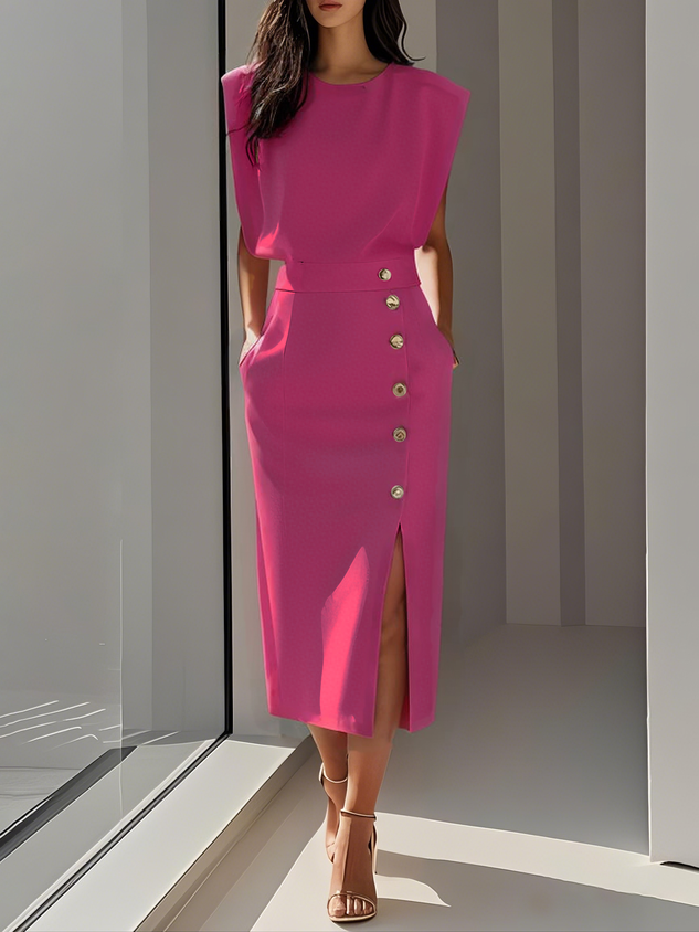 GENEVIEVE | MIDI-KLEID MIT SCHULTERPOLSTERN, KNOPFDETAILS UND SCHLITZ