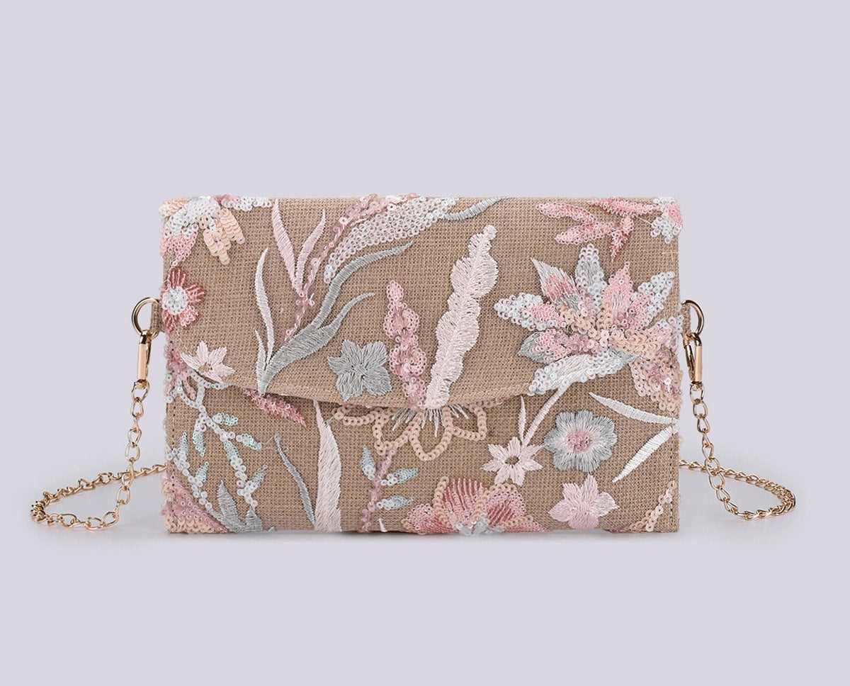 ROSEMEADOW | BLUSH FLORALE CLUTCH-UMHÄNGETASCHE MIT PAILLETTEN