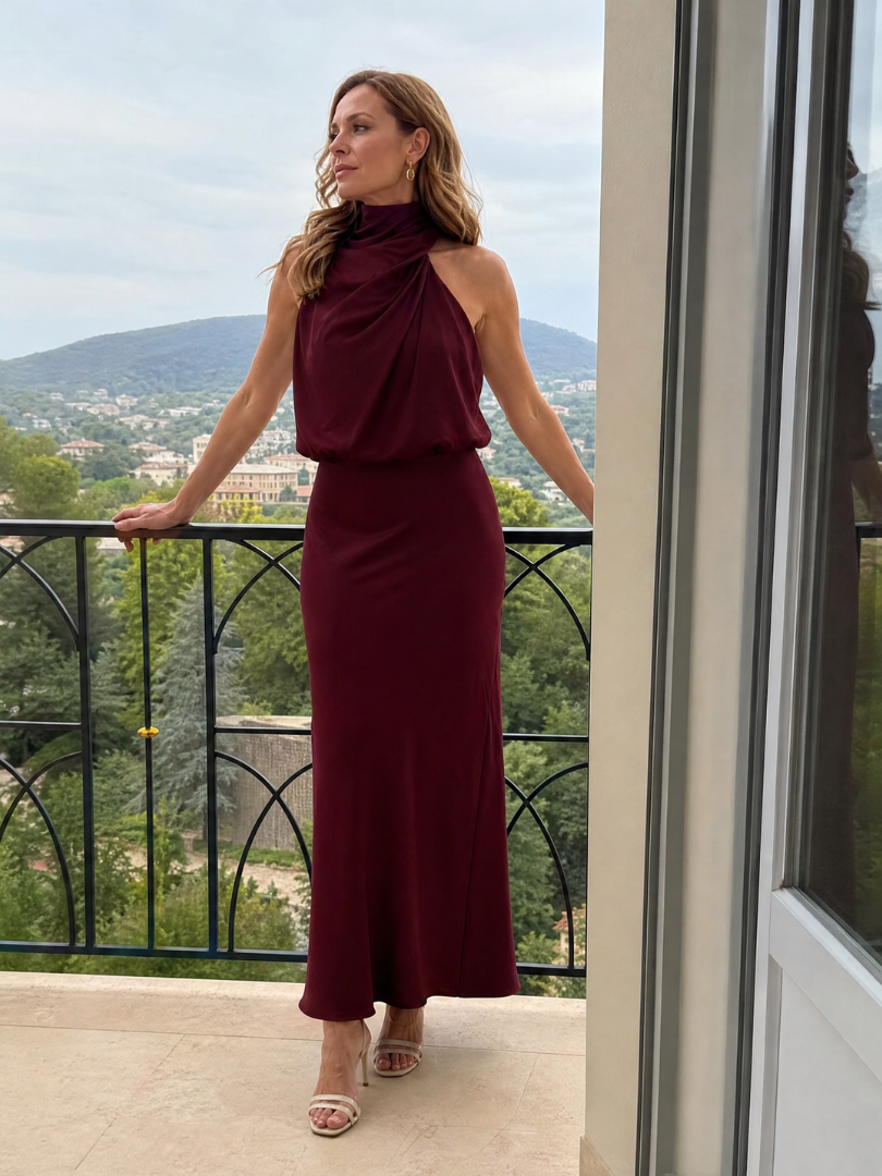 NOPAL | ÄRMELLOSES MIDI-KLEID MIT WASSERFALLAUSSCHNITT