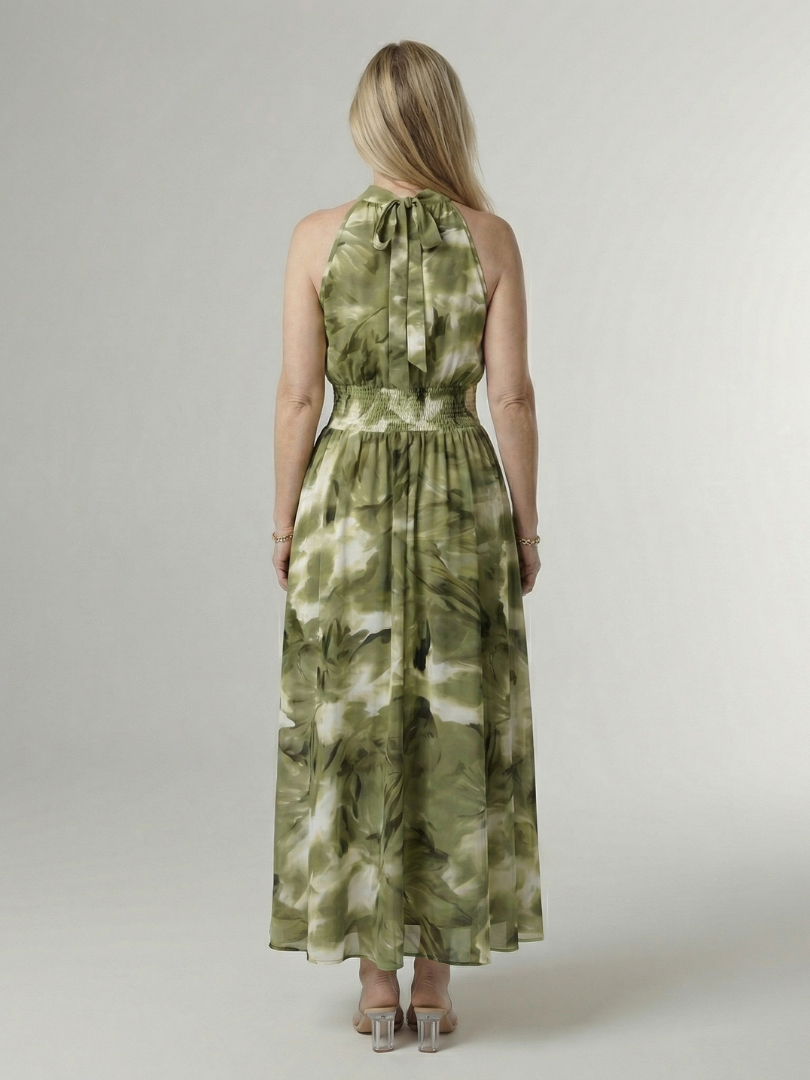 SYLIN | MIDI-KLEID MIT HALTERNECK-AUSSCHNITT UND RAFFUNG