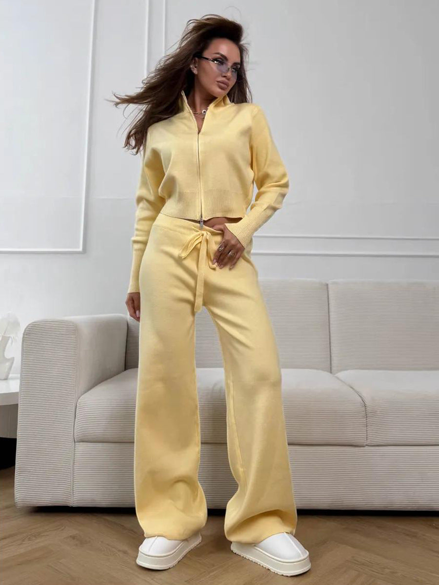 ISLA | 2-TEILIGES STRICKSET – WEITE HOSE MIT KORDELZUG UND REISSVERSCHLUSS-JACKE