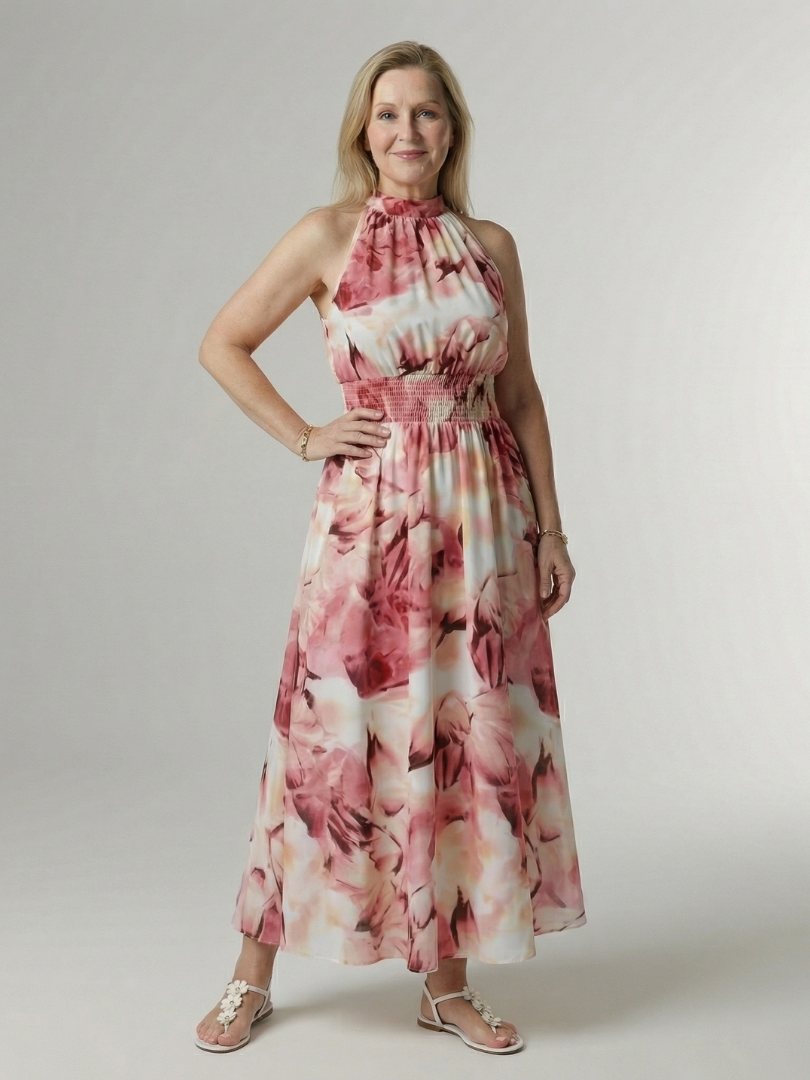 SYLIN | MIDI-KLEID MIT HALTERNECK-AUSSCHNITT UND RAFFUNG