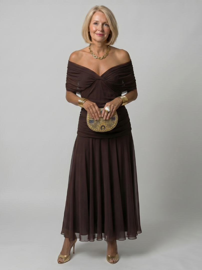 CALEN | SCHULTERFREIES MIDI-KLEID MIT FALLENDEM SCHNITT