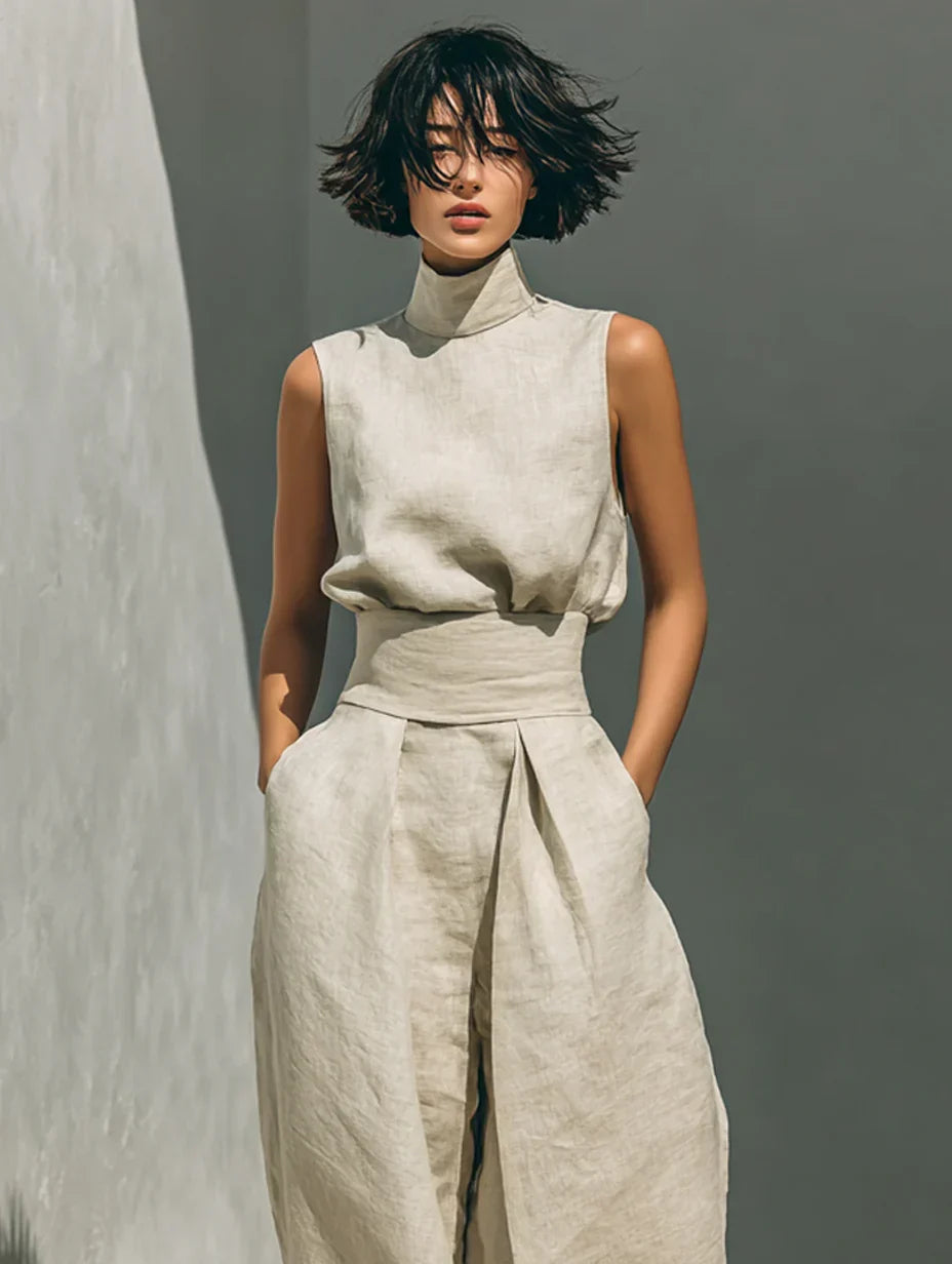 FLOR | MINIMALISTISCHES DAMEN-ZWEITEILER-SET MIT ÄRMELLOSER BLUSE UND WEIT GESCHNITTENER HOSE
