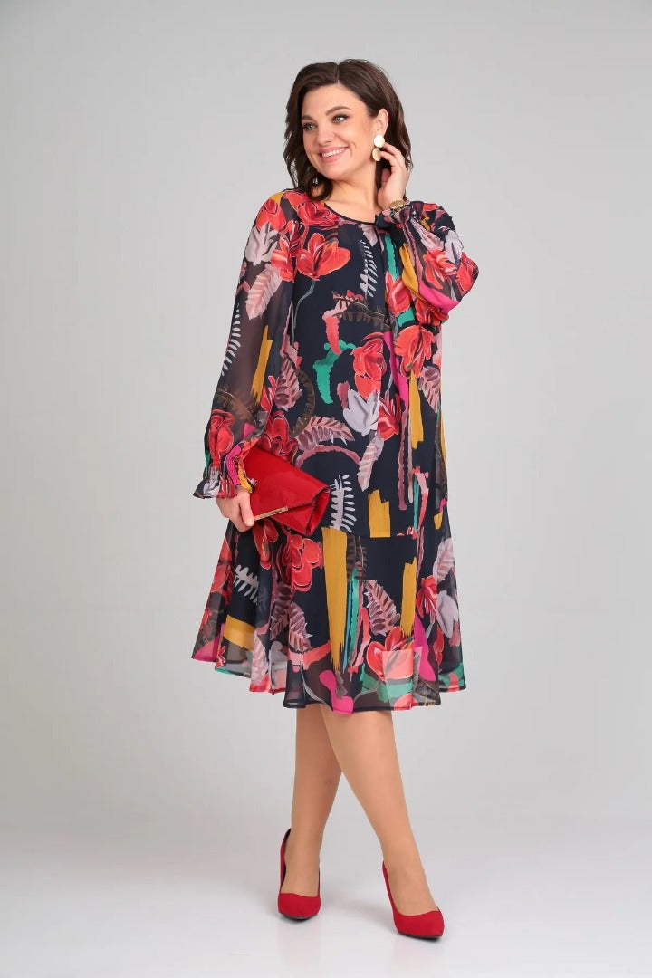 MARGOT | LÄNGERES CHIFFON-MIDIKLEID MIT LANGEN ÄRMELN UND MARKANTEM BLUMENPRINT