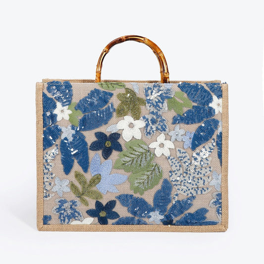 OCEANMEADOW | BLAUE TOTE BAG MIT BLUMENPAILLETTEN UND BAMBUSGRIFF