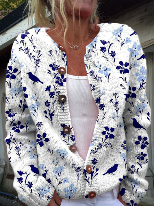VYNORA | CARDIGAN MIT VINTAGE-BLUMEN-VOGEL-PRINT UND KNOPFLEISTE