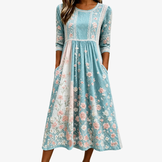 ROSALIE | MIDI-KLEID MIT FRÜHLINGSBLÜTEN-PATCHWORK