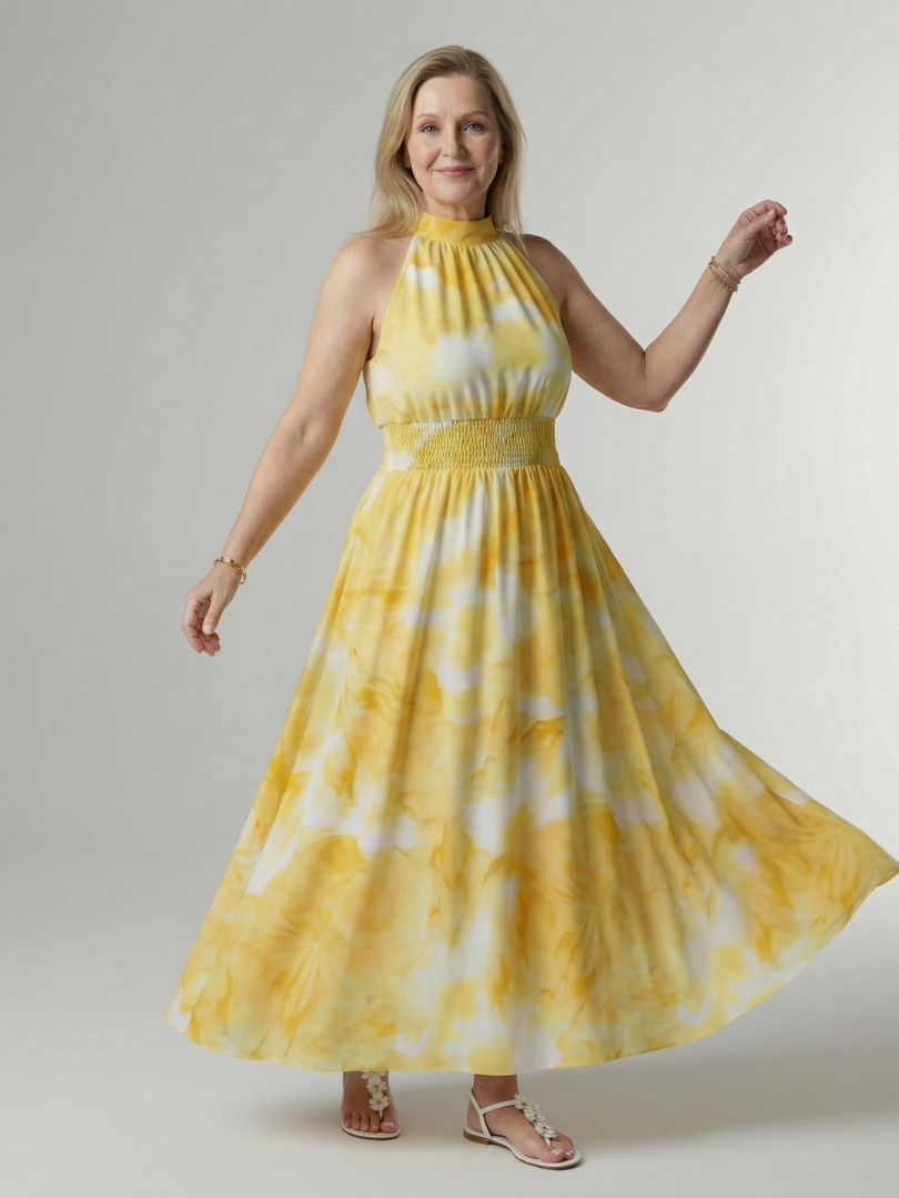 SYLIN | MIDI-KLEID MIT HALTERNECK-AUSSCHNITT UND RAFFUNG