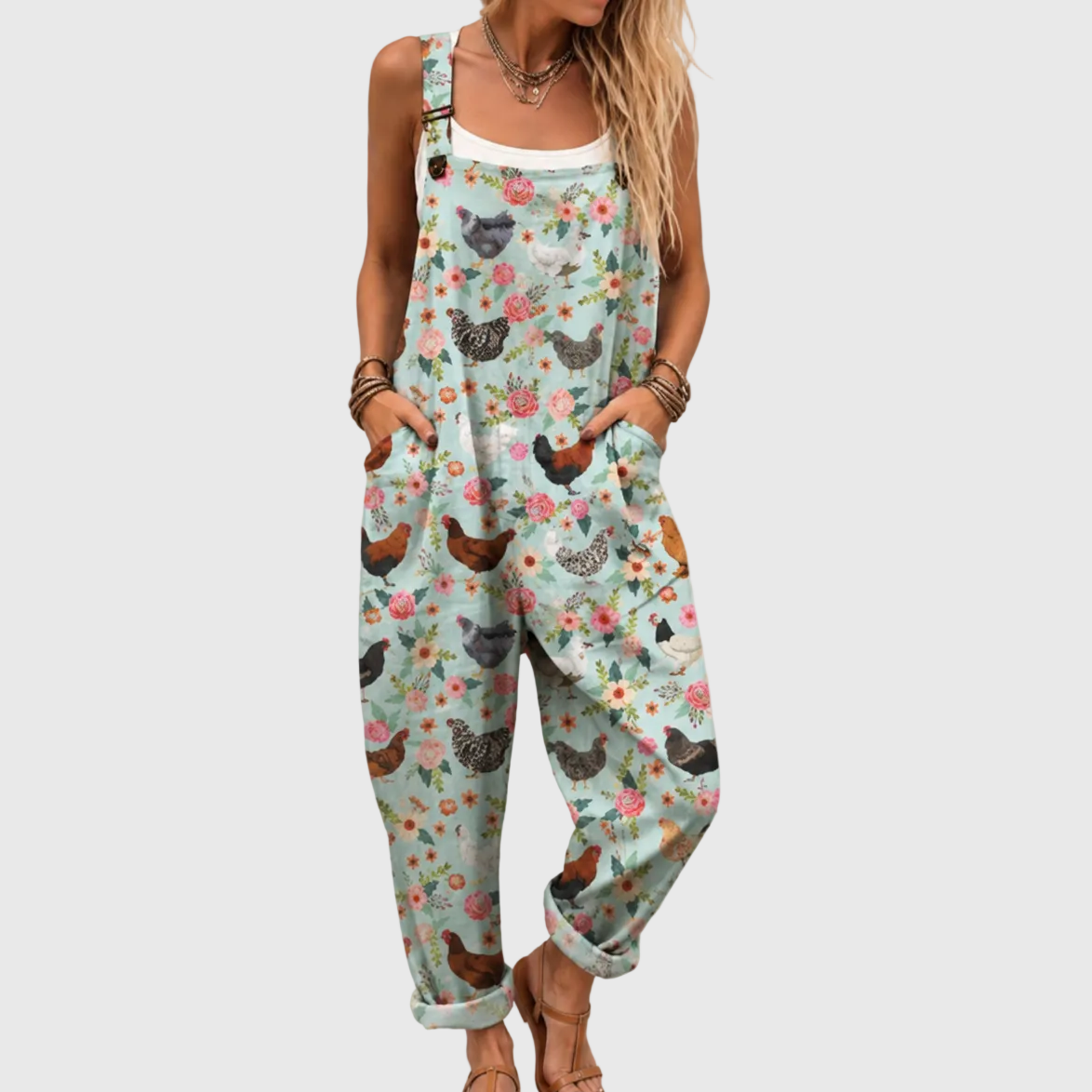 WEICHER JUMPSUIT MIT BLUMEN- UND HÜHNERMUSTER UND TASCHEN