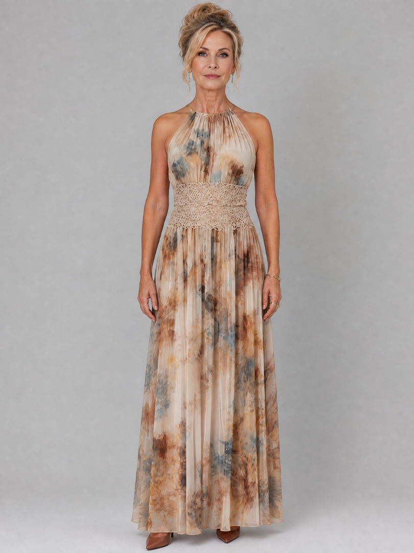 ELAVENUE | MAXIKLEID MIT HALTERNECK-AUSSCHNITT UND SPITZENTAILLE