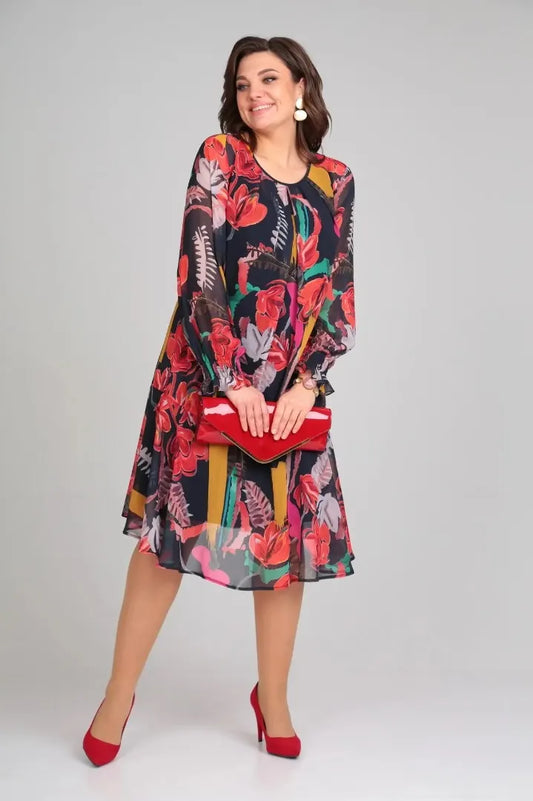 MARGOT | LÄNGERES CHIFFON-MIDIKLEID MIT LANGEN ÄRMELN UND MARKANTEM BLUMENPRINT