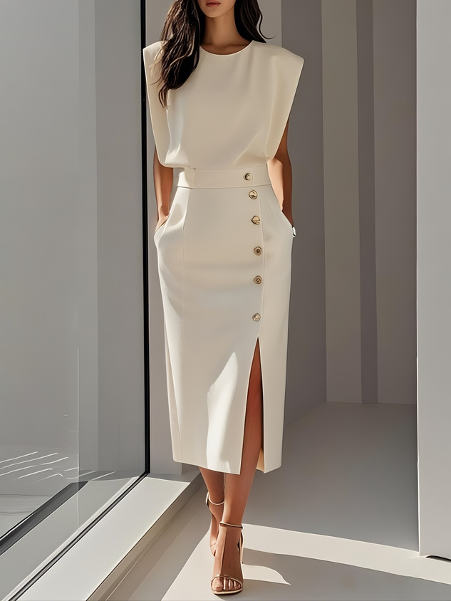 GENEVIEVE | MIDI-KLEID MIT SCHULTERPOLSTERN, KNOPFDETAILS UND SCHLITZ