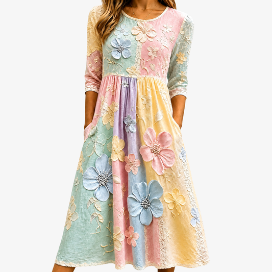 LUCIA | PASTEL BLOOM GARDEN MIDI-KLEID MIT TASCHEN