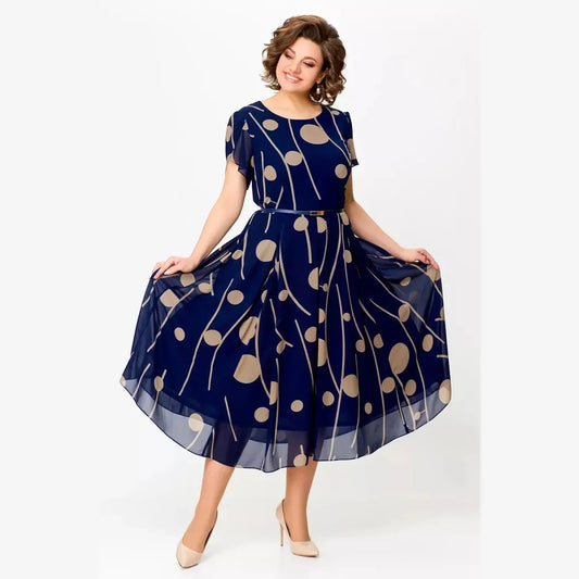 IVY | MIDI-KLEID AUS CHIFFON MIT MARINEBLAUEM PUNKTEMUSTER