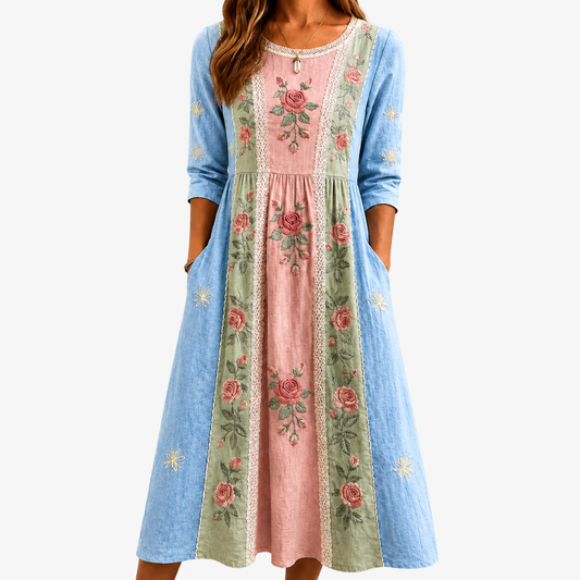 ROSALIE | PATCHWORK-KLEID MIT TASCHEN IM VINTAGE-ROSENGARTEN-DESIGN