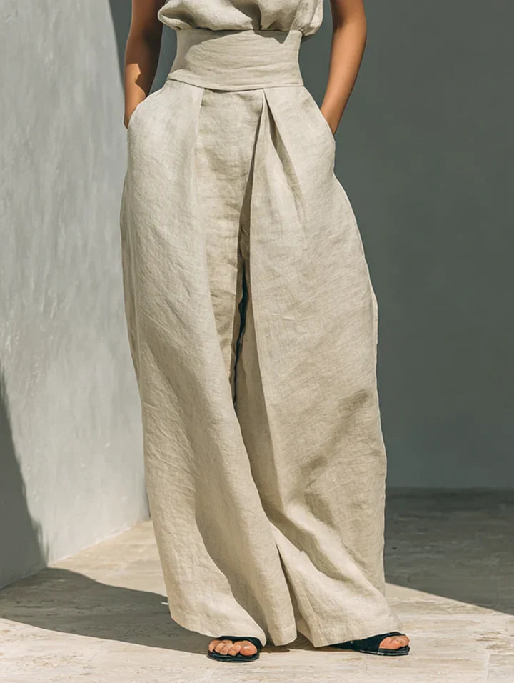 FLOR | MINIMALISTISCHES DAMEN-ZWEITEILER-SET MIT ÄRMELLOSER BLUSE UND WEIT GESCHNITTENER HOSE
