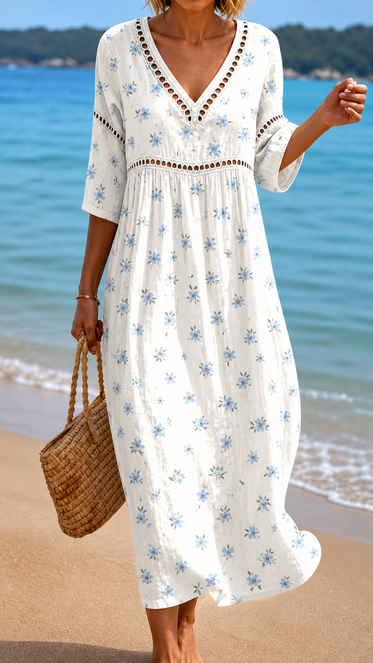 AMELIA | ZARTES SOMMER-MIDIKLEID MIT KLEINEN BLAUEN BLUMEN
