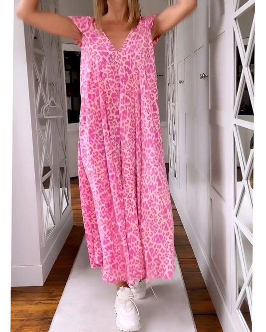 VÉRONIQUE | LANGES KLEID MIT V-AUSSCHNITT UND KURZEN ÄRMELN