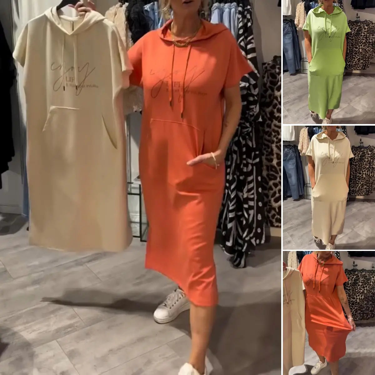 BEVERLEY | LÄSSIGES KURZARM-MIDIKLEID MIT KAPUZE UND TASCHE