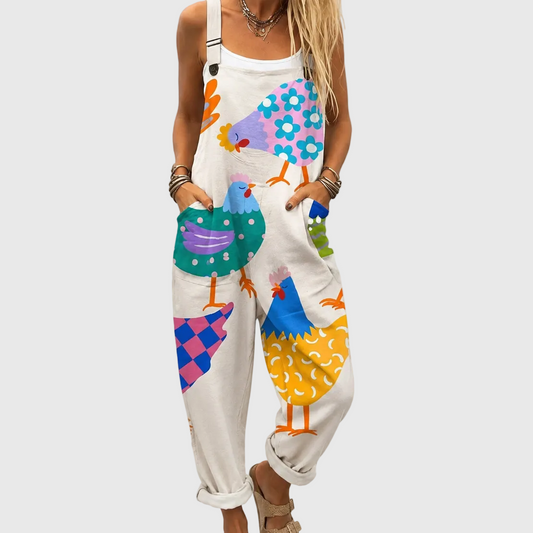 WEICHER JUMPSUIT MIT BUNTEM HÜHNER-PRINT
