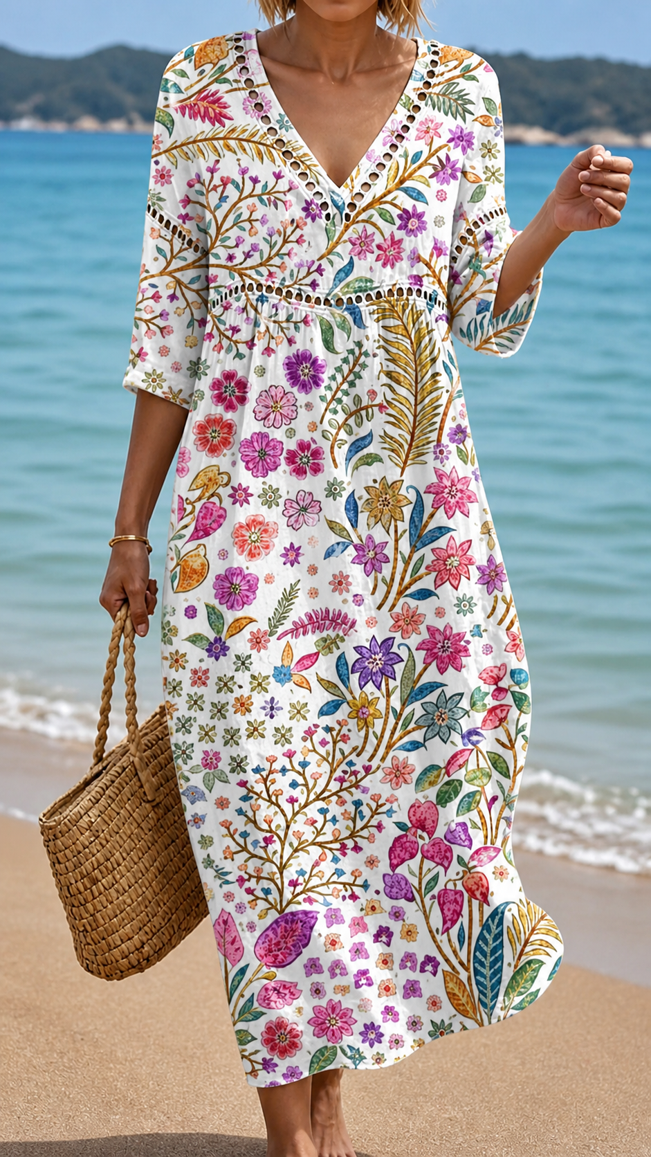 HOLLY | WEICHES MIDI-KLEID MIT ELEGANTEM MEHRFARBIGEM BLUMENMUSTER