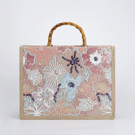 PETALDREAM | PASTELBLUMEN-PAILLETTENTASCHE MIT BAMBUSGRIFF