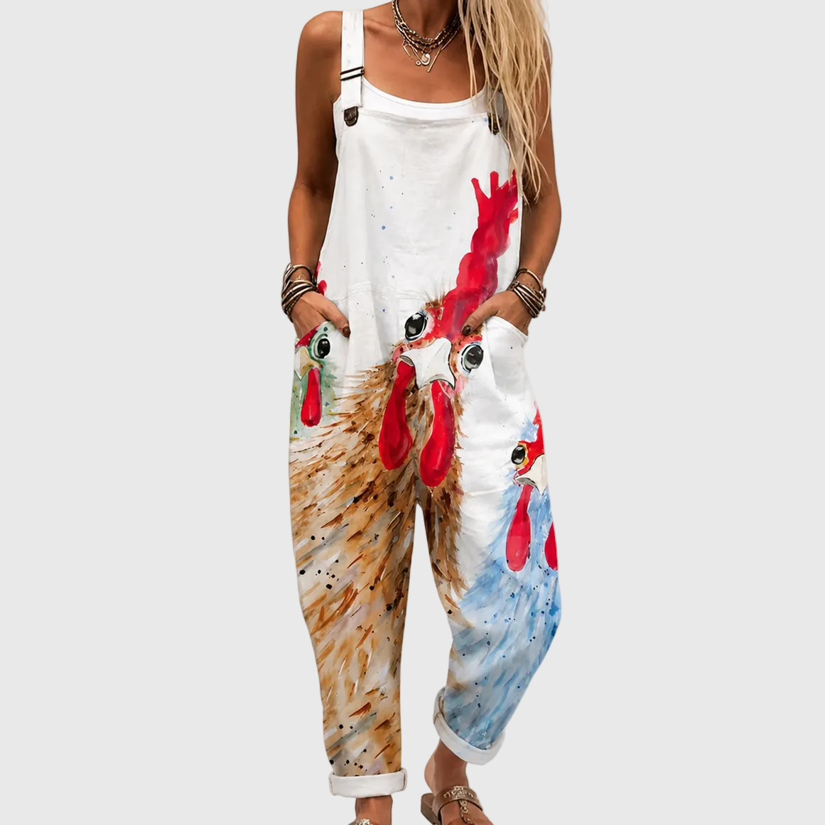 WEICHER JUMPSUIT MIT LANDHAUS-HÜHNER-PRINT