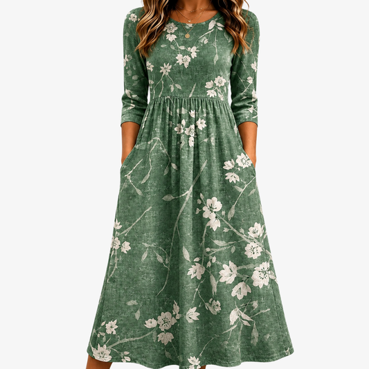 FLORA | EVERGREEN BLOOM RELAXED POCKET MIDI-KLEID