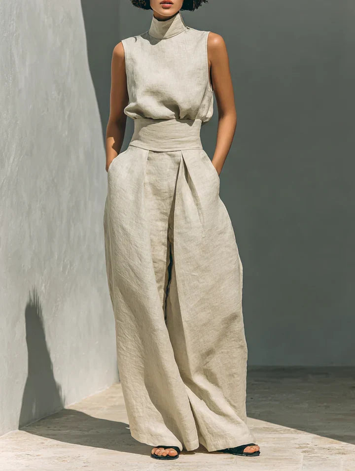 FLOR | MINIMALISTISCHES DAMEN-ZWEITEILER-SET MIT ÄRMELLOSER BLUSE UND WEIT GESCHNITTENER HOSE