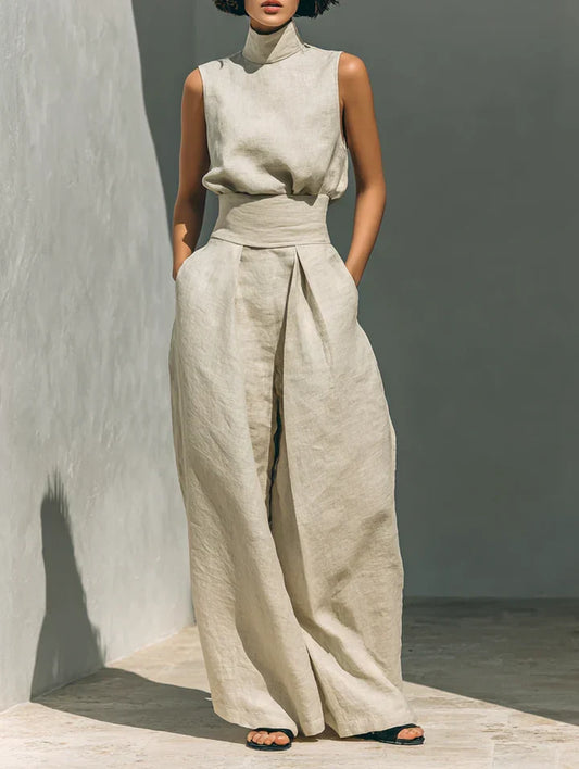 FLOR | MINIMALISTISCHES DAMEN-ZWEITEILER-SET MIT ÄRMELLOSER BLUSE UND WEIT GESCHNITTENER HOSE